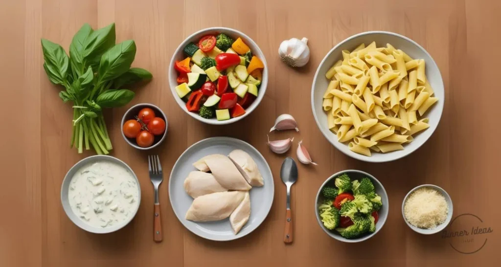 Chicken Pasta Primavera preparation ingredients: Penne pasta, olive oil, chicken breast, bell peppers, broccoli, zucchini, cherry tomatoes, garlic, cream, Parmesan cheese and Fresh basil.