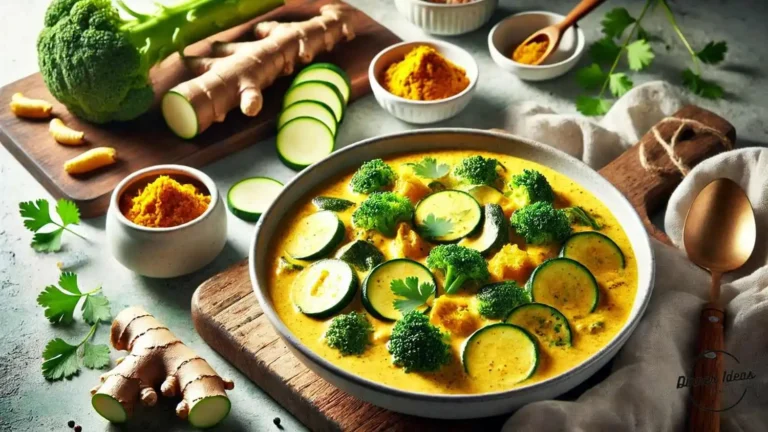 A creamy coconut curry with vegetables.